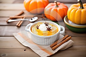 pumpkin pudding in bowl with cinnamon stick