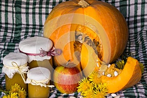 Pumpkin and pumpkin jam, puree or sauce on green with white tablecloth. Autumn still life.