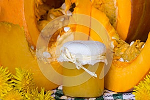 Pumpkin and pumpkin puree or sauce (jam) on green with white tablecloth. Autumn still life.