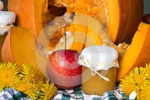 Pumpkin puree or sauce on background of pumpkin. Autumn still life