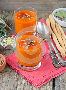 Pumpkin pureed soup in cups