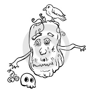 Pumpkin and Raven and Skull Illustration Vector Clip Art