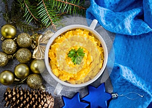 Pumpkin rice porridge with christmas decoration