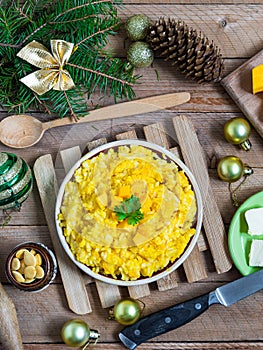 Pumpkin rice porridge with christmas decoration