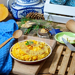 Pumpkin rice porridge with christmas decoration