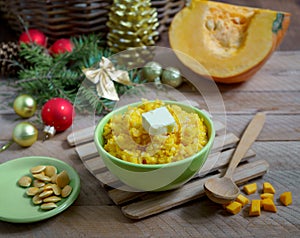 Pumpkin rice porridge with christmas decoration
