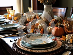 Pumpkin on rustic table for Thanksgiving day family home dinner. Fall traditional holiday food. Generative AI