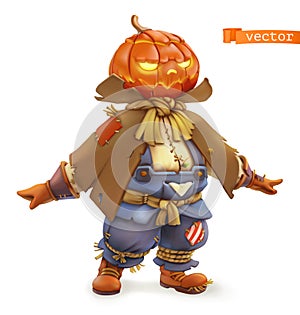 Pumpkin scarecrow. Happy Halloween. 3d vector cartoon character