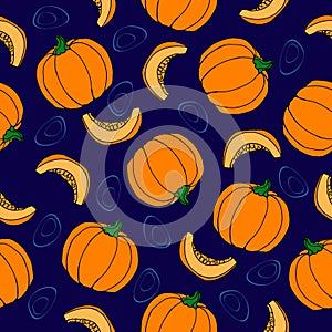 Pumpkin seamless pattern. Blue background. Ripe Vegetable