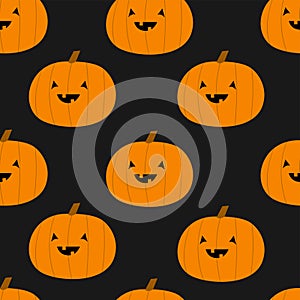 Pumpkin seamless pattern. Happy Halloween. Cute cartoon kawaii funny smiling baby character. Orange silhouette with face. Black