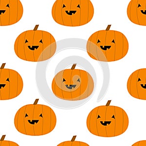 Pumpkin seamless pattern. Happy Halloween. Cute cartoon kawaii funny smiling baby character. Orange silhouette with face. White