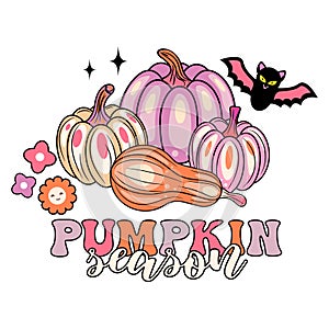 Pumpkin Season Vibes Sublimation. Halloween retro t-shirt design pink and orange colors with bat