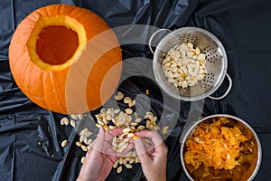 Pumpkin seed harvesting, womanâ€™s hands sorting seeds and pumpkin guts