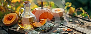 Pumpkin seed oil on a table in the garden. Selective focus.