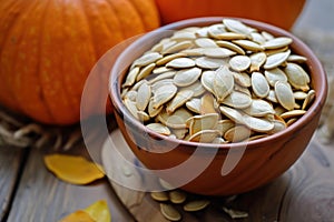 Pumpkin seeds in ceramic bowl on wooden table