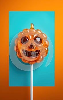 Pumpkin shaped lollipop background. Thanksgiving, Halloween minimalistic concept.