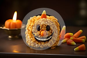 A pumpkin-shaped Rice Krispies treat sculpted to perfection and adorned with candy corn features.GenerativeAI.