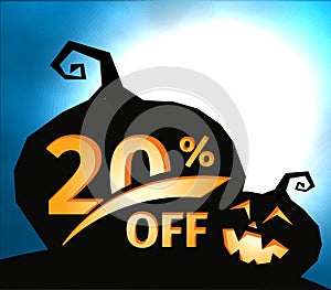 Pumpkin silhouette on dark blue sky with full moon. Halloween 20 percent off, sale banner. Holiday offer, autumn