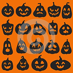 Pumpkin silhouettes. Halloween pumpkins emoticon characters. Happy, sad and angry funny sinister spooky faces vector