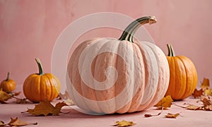 A pumpkin is sitting in front of two other pumpkins, with leaves on the ground around them.