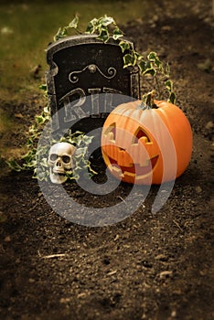 Pumpkin and skull at grave