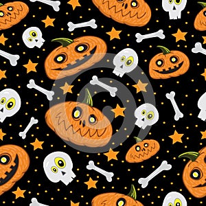 Pumpkin and skull pattern with bones on a black background