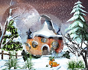 Pumpkin  Snow House , Moonlight,  Merry Christmas, Winter Fantasy  Backgrauand, Illustration