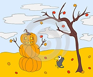 Pumpkin Snowman with a kind face standing under an autumn tree o