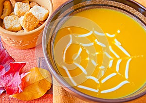 Pumpkin soup in a bowl.