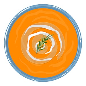 Pumpkin soup in a bowl with sour cream and rosemary, isolated. Top view. Vector hand drawn illustration.