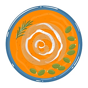 Pumpkin soup in a bowl with sour cream, rosemary and pumpkin seeds, isolated. Top view. Vector hand drawn illustration.