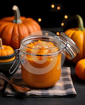 Pumpkin soup in a glass container around the pumpkin towel. Pumpkin as a dish of thanksgiving for the harvest