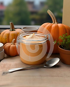 Pumpkin soup in a glass container around the pumpkin towel. Pumpkin as a dish of thanksgiving for the harvest