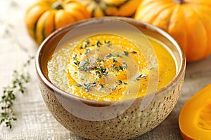 Pumpkin soup with thyme herb, cream and pumpkin seeds served in black bowl, top view