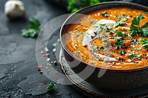 Pumpkin soup with thyme herb, cream and pumpkin seeds served in black bowl, top view