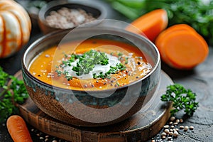 Pumpkin soup with thyme herb, cream and pumpkin seeds served in black bowl, top view