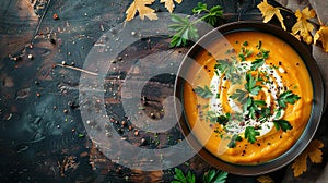 Pumpkin soup with thyme herb, cream and pumpkin seeds served in black bowl, top view