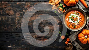 Pumpkin soup with thyme herb, cream and pumpkin seeds served in black bowl, top view