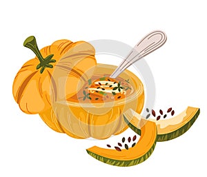 Pumpkin soup. Traditional autumn Thanksgiving food Pumpkin soup served in pumpkin with swirl of cream. Vector hand draw