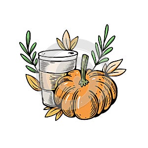 Pumpkin spice autumn cocktail hand drawn colorful cartoon style vector art.