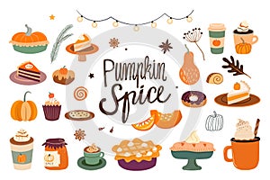 Pumpkin spice collection with seasonal flavored products, coffee, latte, pies and other sweet desserts