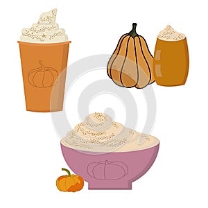 Pumpkin spice drinks set, seasonal trendy hot pumpkin latte in paper or glass and cup