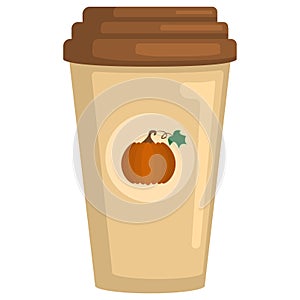 Pumpkin spice latte. Autumn coffee beverage. Paper cup with plastic lid to go.