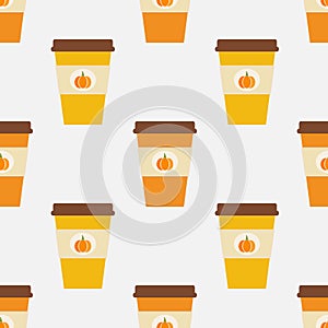 Pumpkin spice latte coffee cups autumn seamless pattern