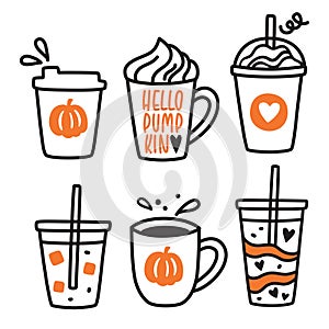 Pumpkin Spice Latte Coffee Drawing Vector Illustration Set