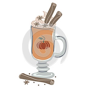Pumpkin spice latte coffee mug for autumn menu or greeting card design. Seasonal hot drink with foam, cream, cinnamon
