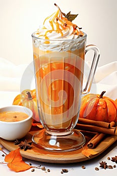 Pumpkin spice latte in a glass mug
