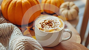 Pumpkin spice latte in glass mug with cinnamon, nutmeg, pumpkin seeds and whipped cream on brown texture wood.