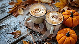 Pumpkin spice latte in glass mug with cinnamon, nutmeg, pumpkin seeds and whipped cream on brown texture wood.