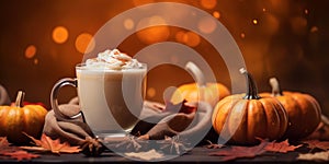 Pumpkin spice latte in mug with seasonal decoration